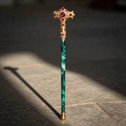 realistic beautiful hdr photograph of a royal walking cane decorated with gemstones and a malachite handle
