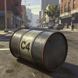 highly detailed oil - barrel with c 4 on its side in gta v, in a empty street of new york, stephen bliss, unreal engine, fantasy art by greg rutkowski, loish, rhads, ferdinand knab, makoto shinkai and lois van baarle, ilya kuvshinov, rossdraws, tom bagshaw, global illumination, detailed and intricate environment