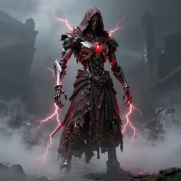 character design, biomechanical arcanist, tattered robe and hood, red lightning, fog, scary, arrogant, hostile, photorealistic, cinematic, hyper realistic, octane render, 8 k, full shot