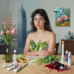 “ a portrait in a queer female art student ’ s apartment, sensual, a diamond, skyscraper, vegetables, art supplies, paint tubes, palette knife, pigs, ikebana, herbs, a candle dripping white wax, squashed berries, berry juice drips, acrylic and spray paint and oilstick on canvas, surrealism, neoexpressionism ”