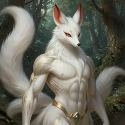 heavenly kitsune of forest desires, upper body, d & d, muscular, fantasy, intricate, elegant, highly detailed, digital painting, artstation, concept art, smooth, sharp focus, illustration, art by artgerm and greg rutkowski and alphonse mucha