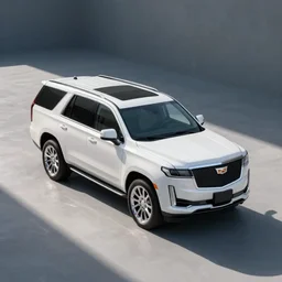High angle shot, white SUV inspired by a Cadillac Escalade and Chevrolet Tahoe