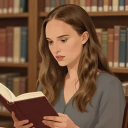portrait of natalie portman with long brown hair, reading in a library, hyperdetailed illustration by irakli nadar and alexandre ferra, intricate linework, white porcelain skin, faberge, unreal engine 5 highly rendered, global illumination, radiant light, detailed and intricate environment