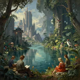 Magical Lake, Sci-fi City, Mystical Rainforest, Vladimir Kush, Esao Andrews, Maurice Sendak, 64 bit realistic painting, classical painting, high definition, digital art, matte painting, very detailed, realistic, Unreal Engine, octane render, vray, 4k, super wide angle