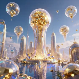 amazing futuristic city atlantis bubbles gold gems hyperreality dripping glass domes magic colors, octane render
