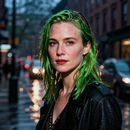 night flash portrait photography of carey mulligan with green hair on a rainy night on the lower east side by annie leibovitz, raining!!!, colorful!!, nighttime!!,
