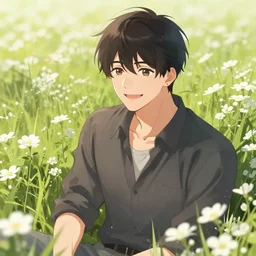 portrait of a happy person in a field of white flowers, male, gentle lighting, shading, digital illustration, pixiv, by Artgerm