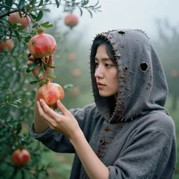 a closeup portrait of a woman wearing a hood made of holes and rusted nails, picking pomegranates from a tree in an orchard, foggy, moody, photograph, by vincent desiderio, canon eos c 3 0 0, ƒ 1. 8, 3 5 mm, 8 k, medium - format print