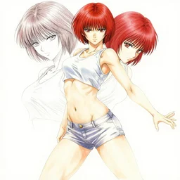 fullbody!! yoshitaka amano and ayami kojima lineart, watercolour, gorgeous girl symmetrical face, short red hair, crop top, shorts, dynamic action pose, hyper detailed, character concept, intricate, elegant, digital painting, artstation, smooth, sharp focus