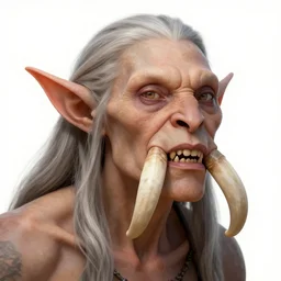 elederly female orc with long tusks growing from her mouth into her eyes, trending on artstation