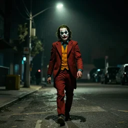 Joker walking towards the camera in a dark environment with on street light shining over him