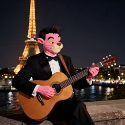 django reinhardt playing guitar, background paris at night, in the style of pink panther cartoon ( 1 9 6 9 ), 4 k