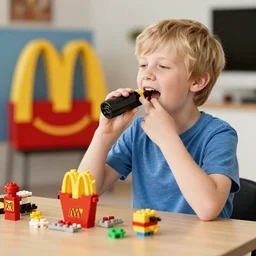 white boy singing while building a lego mcdonald's