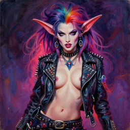 portrait of an apocalyptic demonic goblin witch biker babe character, curvy body, cool pose, psychedelic vibrant colors, futuristic punk rock fashion, oil painting by michael whelan art, sharp focus, realistic, detailed eyes, perfect face, 8 0 s hair, studded leather jacket, 8 k, artgerm