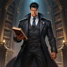 a highly detailed illustration of Daniel Matsunaga as serious detective wearing detective coat, glowing eyes, dramatic standing holding closed book pose, infinite space library background, muscular, intricate, elegant, highly detailed, centered, digital painting, artstation, concept art, smooth, sharp focus, league of legends concept art, WLOP