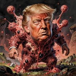 donald trump's repulsive true form bursting from within, pus - filled boils, cysts, oozing pustules, by robert crumb