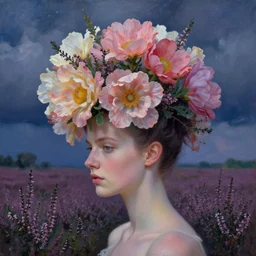 closeup, huge flowers as the head mohawk, woman in heather field, surreal photography, starlight, storm clouds, impressionist painting, digital painting, artstation, simon stalenhag