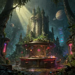 a beautiful detailed rendering of abandoned stronghold by jan van goyen, laser scumm bar futuristic studio ghibli magic realism rainforest sunlight saturn postcyberpunk rain night azeroth neon signs otherworldly steampunk poppy retrowave, archdaily, wallpaper, highly detailed, trending on artstation.