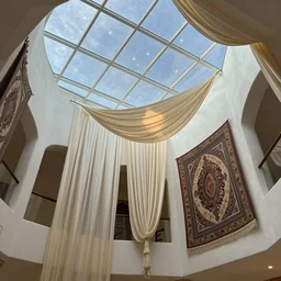 polygonal motel of the oasis with walls and glass ceilings showing the stars and hanging silk drapery and tapestries, light dust, magnificent, close up, details, sharp focus, elegant, highly detailed, illustration, by Jordan Grimmer and greg rutkowski and PiNe(パイネ) and 薯子Imoko and 香川悠作 and wlop and maya takamura, intricate, beautiful, Trending artstation, pixiv, digital Art