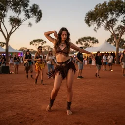 dancefloor kismet at a festival in the australian outback, red earth, fire, realistic light