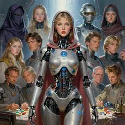 pulp scifi fantasy spot illustrations of various character concepts, android girl, burka, futuristic design, crafting, diy, by norman rockwell, roberto ferri, daniel gerhartz, edd cartier, jack kirby, howard brown, ruan jia, tom lovell, jacob collins, dean cornwell, astounding stories, amazing, fantasy, other worlds