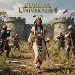 A Native American Mohawk princess strides into a captured British fort, loading screen artwork for the game 'Europa Universalis 4'
