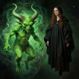 a closeup portrait of a cloaked woman floating next to a green - horned goblin monster nebula, green - horned goblin monster nebula, by jan van eyck