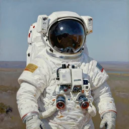 a portrait of an astronaut from another planet, futuristic suit, landscape background, oil painting