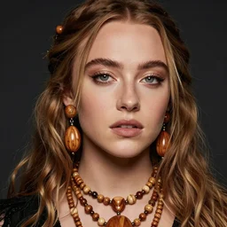 sydney sweeney with wooden jewelry, mediterranean features, fantasy character portrait by Michael Garmash, Donato Giancola