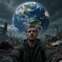 last selfie on earth, apocalyptic world after world war, dark atmospheric, cinematic style, trending on artstation, deviantart