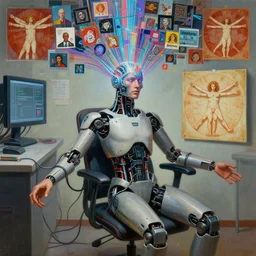 a hyperrealistic painting of a human cyborg sitting in a chair with limbs stretched out, tied with electrical cables connected to supercomputers, flood of images flowing from his head, tesseract, vitruvian man, trending on artstation, concept art, insane details, zoomed out