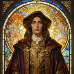 masterpiece head-on symmetrical centered painted portrait, Mais Hamdan as a D&D wizard, ornate robes, glowing stained glass backdrop, elegant, in the style of Ruan Jia and Edgar Maxence and Ross Tran and Alphonse Mucha and Ayami Kojima and Charlie Bowater and Greg Rutkowski and Karol Bak and Jean Delville, Art Nouveau, Pre-Raphaelite, Neo-Gothic, 8k, specular highlights, octane render