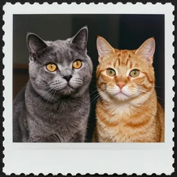 beautiful portrait two cartoon cats, gray and ginger cats, beautiful polaroid photo, beautiful postage stamp