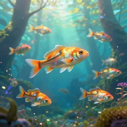 school of fish swimming in the dreamy forest under water ,magical effect,cgsociety, 8k,hyperdetailed, artstation