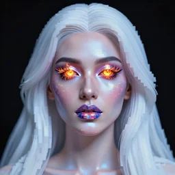 beautiful voxel portrait of a middle eastern woman with holographic light makeup, eyes of fire, glitched lipstick, porcelain hair, translucent skin, surreal, in the style of steven meisel, detailed