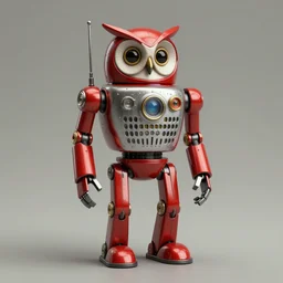 adventurer ( ( ( ( ( 1 9 5 0 s retro future robot android wise old owl robot on a stand looking at the camera. muted colors. ) ) ) ) ) by jean baptiste monge!!!!!!!!!!!!!!!!!!!!!!!!! chrome red