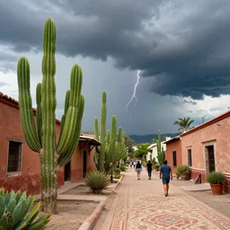 synthwave, welcoming southwestern pueblo house, giant green prickly pear cactus, a dusty ornate mexican path, some people wandering, summer thunderstorm. surrealism