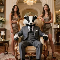anthropomorphic badger sitting in luxury executive chair in exquisitely decorated mansion, wearing expensive suit, surrounded by beautiful women, realistic photo, rich kids of instagram