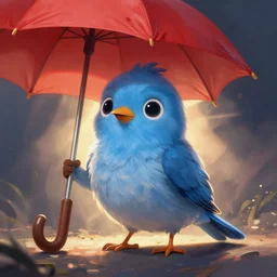 a digital painting of a cute blue bird using a red umbrella, storybook illustation, character design