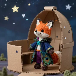 a finely hand knitted stop motion bipedal starry fox doll, wearing peacock feather mage robes, inside a handcrafters cardboard observatory to look at the hand painted night sky full of glittery star stickers and glow in the dark star stickers, adorable, charming, macro camera lens, well lit, cinematic, real life