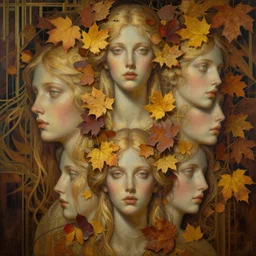 breathtaking detailed concept art painting art deco pattern of blonde goddesses faces amalgamation autumn leaves, by volegov, bizarre compositions, exquisite detail, extremely moody lighting, 8 k