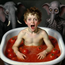 a boy like eraserhead and elephant man sitting in a tub full of tomato sauce, looking straight at camera, screaming, by giuseppe arcimboldo and ambrosius benson, renaissance, fruit, intricate and intense oil paint, a touch of beksinski and hr giger and edward munch, realistic