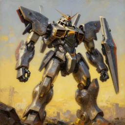 an intricate oil painting of a giant scrap metal anime mecha with by simon stalenhag, golden hour