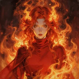 painting by krenz cushart!!, portrait of a beautiful fire princess standing in fire, red hair on fire, red turtleneck cloak, finely detailed features, intricate brush strokes, beautiful lighting, trending on pixiv fanbox.