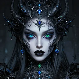 funny blue and green eyes goth dark queen of the vampire council, intricate abstract. intricate artwork, by tooth wu, wlop, beeple, dan mumford. concept art, octane render, trending on artstation, greg rutkowski very coherent symmetrical artwork. cinematic, key art, hyper realism, high detail, octane render, 8 k, iridescent accents