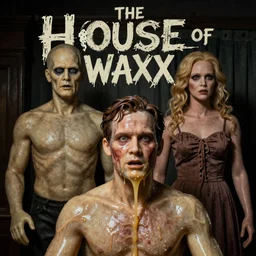 Poster for the horror film The House of Wax figures, there is a man whose wax flows off the skull, exposing the skull, at the bottom of the image the inscription The House of Wax figures,