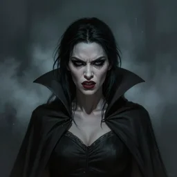 portrait of an angry woman vampire, centered, digital painting, artstation, concept art, by donato giancola, Sean Yoro, Greg Rutkowski, trending on Artstation, Joseph Christian Leyendecker, WLOP, Boris Vallejo, dark, moody, foggy