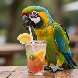 A portrait photo of a parrot sipping a fruity drink through a straw very convincing