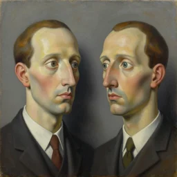 highly strange recursive painting of wondering faces looking at each other detailed and highly reliefed oil painting with canvas texture in style of Magritte, Sascha Schneider, Giorgio de Chirico, Pollock photorealistic, surrealistic, masterpiece, balanced composition, natural colors
