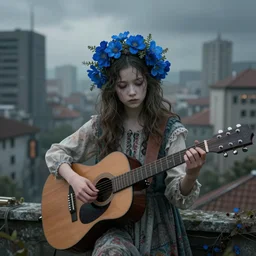 cityscape, dystopian, young girl playing a guitar. blue flowers in her hair. folk horror. great detail.